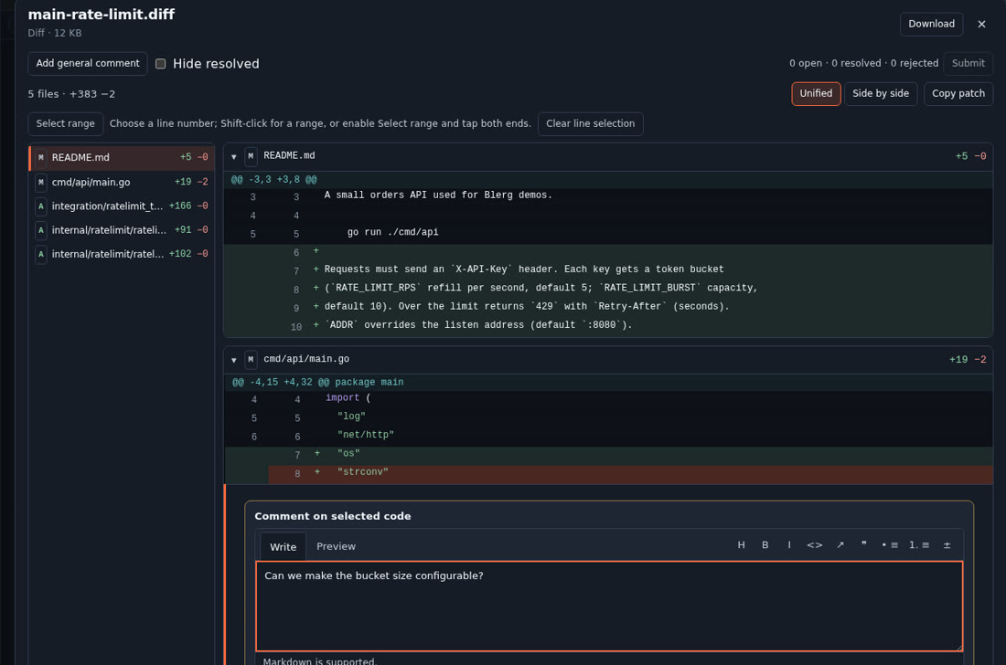 A diff in Blerg's viewer with an inline review comment on selected lines.