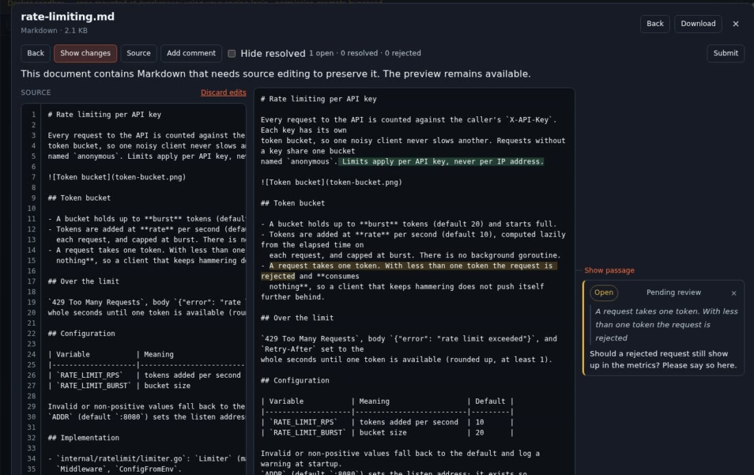 A Markdown document under review, with a tracked edit and a margin comment.